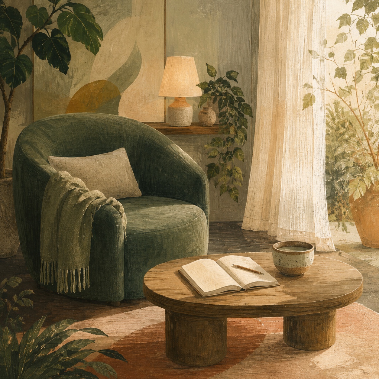Editorial illustration of a quiet reading corner with an open journal and tea