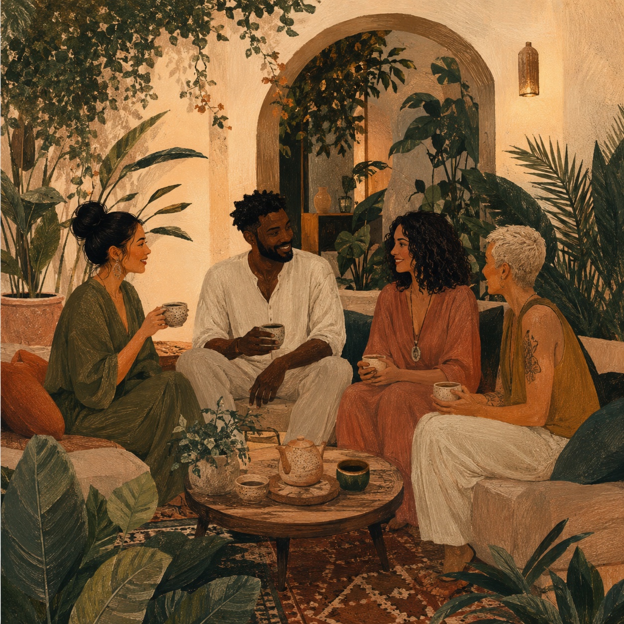 Editorial illustration of four adults sharing tea in a warm, leafy Bohío courtyard